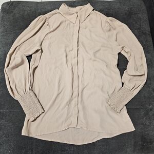 Express Blush Beige Long-Sleeve Smocked Cuff Button-Front Blouse